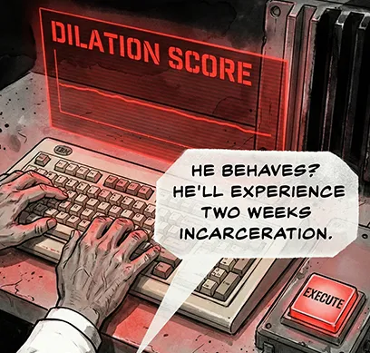 PANEL 5 He acts out in there? The compression ratio spikes. Time moves faster for him. He behaves? He'll experience two weeks incarceration. He misbehaves? He'll do a month's time. But no matter what, he’s out Monday morning.