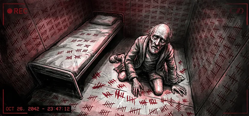PANEL 41 - A security camera view (REC icon, OCT 26, 2042). Neil, an incredibly old, withered man in a hospital gown, is in a metal cell. Every square inch of the walls and floor is covered in frantic tally marks. The image violently glitches back and forth between him kneeling on the floor, and him lying dead face-down on the floor. When dead, a red warning box appears reading: 'SUBJECT EXPIRED: RESETTING'.