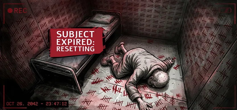 PANEL 41 - A security camera view (REC icon, OCT 26, 2042). Neil, an incredibly old, withered man in a hospital gown, is in a metal cell. Every square inch of the walls and floor is covered in frantic tally marks. The image violently glitches back and forth between him kneeling on the floor, and him lying dead face-down on the floor. When dead, a red warning box appears reading: 'SUBJECT EXPIRED: RESETTING'.