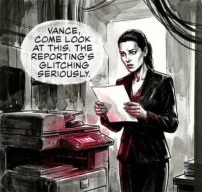 PANEL 36 INT. CONTROL ROOM Sarah stands by a printer, holding a piece of paper. Her face is pale. SARAH: Sanders... come look at this. The printer’s glitching seriously.