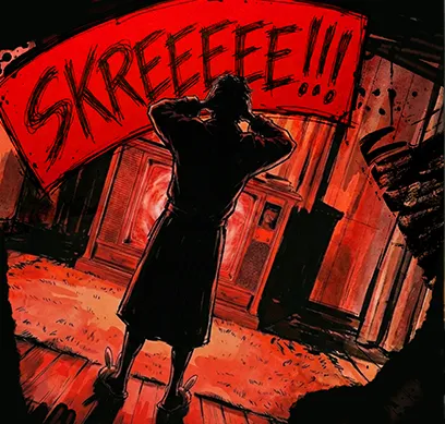 PANEL 13 Immediately, the apartment lights turn harsh, strobing CRIMSON. A piercing electronic SHRIEK fills the panel. SFX: SKREEEEEEEE!